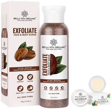 Bella Vita Organic Exfoliate Coffee Scrub For Face & Body, 75 g & Bella Vita Organic Lip Balm 5 gm for Men and Women Enriched with Vitamin E, Shea Butter, Cocoa Butter and Jojoba Oil